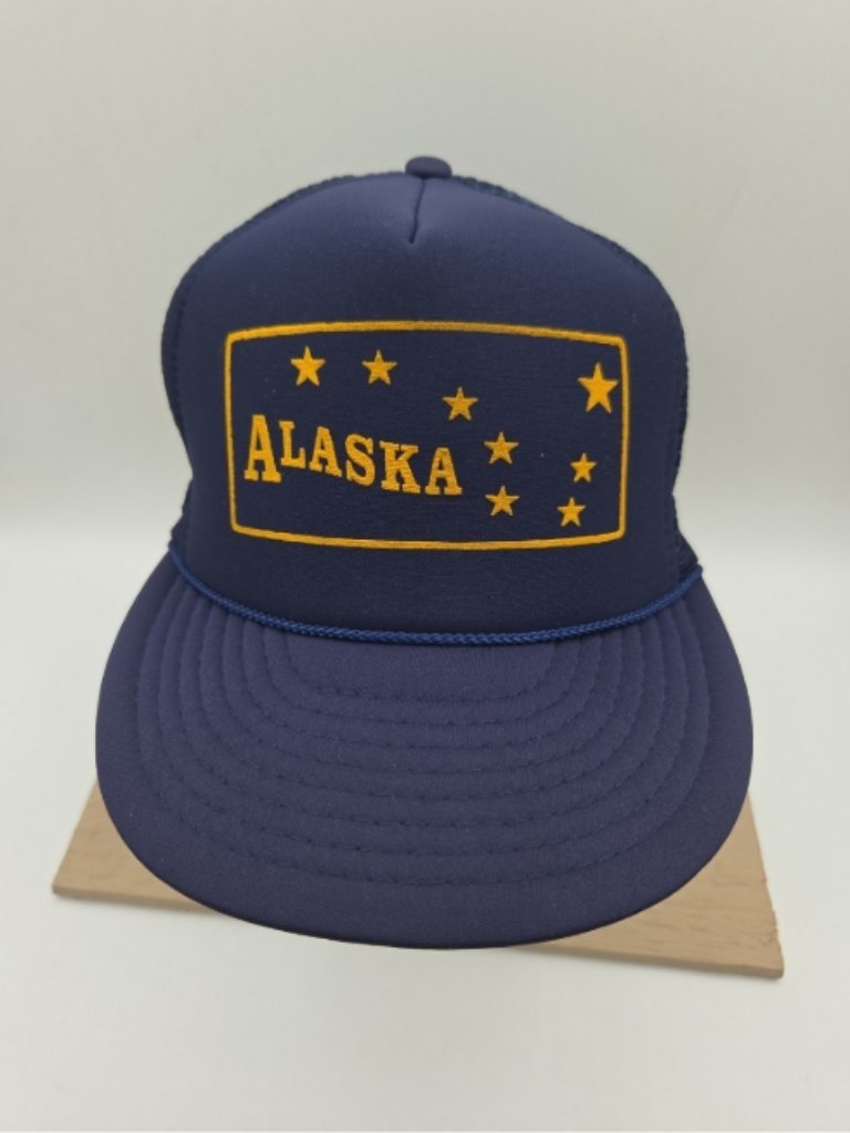 Vintage Nissin Alaska Snapback Trucker Hat Navy Blue Mesh